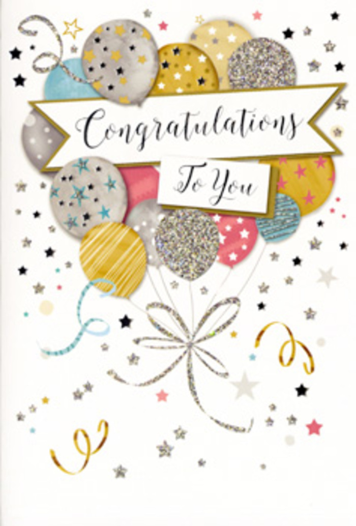 The image shows a refined congratulations card that captures the mood of a joyful party in a calm, elegant way. The card stands upright, its front dominated by a generous cluster of illustrated balloons gathered in the centre like a carefully arranged bouquet. The balloons overlap in soft, rounded layers of champagne gold, muted silver, sky blue, blush pink, and soft dove grey, each accented with delicate stripes, star patterns, and sprinklings of glitter-like highlights that suggest a gentle metallic sheen. As a florist in Chigwell, it reminds me of the way different flower heads nestle together in a hand-tied arrangement destined for a celebration on Hainault Road or by the green. From the base of the balloon cluster, curling ribbons in fine strokes of gold and silver trail downward, looping and twisting like the luxury ribbons we tie round a finished bouquet before it leaves the shop. Across the middle of the design, a sweeping banner stretches from side to side, slightly curved as though caught by a soft breeze, bearing the message Congratulations To You in flowing, stylish script. The background is a pale, almost luminous neutral tone, scattered with tiny stars, dots, and ribbon curls that mimic confetti thrown in the air at a family gathering or party near Chigwell's local parks. The whole composition feels weightless yet meaningful, perfect for pairing with flowers to celebrate exam success, a promotion, new job, or any proud moment that deserves both visual sparkle and sincere warmth.