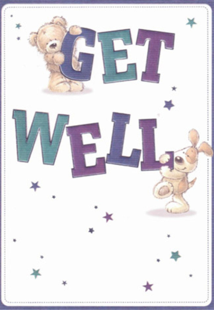 This get well card radiates gentle courage and sincere kindness, perfectly captured by the joyful duo of a bear and a puppy. Their playful camaraderie is visible in their rounded features and the uplifting way they interact with the bold 'Get Well' typography, shaded in harmonious purples and aquas reminiscent of blossoms found in gardens around Chigwell. Sparkling stars dance overhead, sending wishes of health and happiness adrift on a fresh, clean backdrop-the kind of comforting clarity you might encounter on a sunny Sunday along Chigwell Row. The inviting textures-the velvety softness of the bear's fur, the floppy puppy's tactile ears-offer an almost real sense of comfort, much like the inviting bouquets gathered by skilled local hands. Imagining this card paired with fragrant stems from a local florist, the thought brings a subtle sense of reassurance, a gentle boost for anyone in need of healing. The design's lightness and air convey an enduring hope worthy of a Chigwell sunrise, ready to lift the spirits of neighbours and loved ones alike.