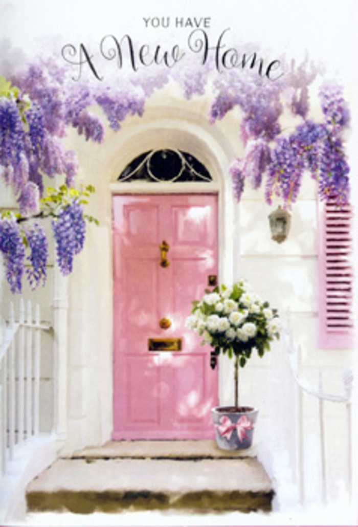 This scene shows a welcoming Chigwell entranceway that feels as though it has been curated by a florist with an eye for calm elegance and a love of local homes. The focal point is a pale pink front door, painted in a soft, chalky hue that radiates warmth without shouting, its surface catching touches of afternoon light that slip between hanging branches. Above and around the door, wisteria tumbles in lush cascades, strands of clustered purple and lavender flowers trailing down like a velvet curtain. The blooms appear thick and plentiful, some in full flower, others still in soft bud, giving the impression of early spring along the quiet residential lanes off Chigwell High Road. The wall around the door is whitewashed and subtly textured, its neutral tone acting as a canvas for the pastel drama of the flowers and the door. Just outside, set squarely on the stone threshold, rests a vintage-style tin bucket in a muted, weathered grey, its utilitarian form softened by what spills from it. From this bucket rises a generous bouquet of white and cream roses, their petals lush, tightly layered at the centre and gently ruffled at the edges. Delicate greenery winds through the arrangement, adding hints of fresh woodland colour and framing each bloom without overwhelming their gentle tone. A pink ribbon, close in shade to the door itself, is tied lovingly around the base of the bucket, its satin loops and tails providing a final flourish. The light is mellow and inviting, casting soft shadows that give depth to the doorway and a sense of quiet privacy. Everything about the arrangement suggests thoughtful congratulations for someone unlocking the door to their new Chigwell address, perhaps near Chigwell Row or the tree-lined streets close to local schools, evoking that tender blend of anticipation, comfort, and the promise that this house will soon be filled with cherished memories.