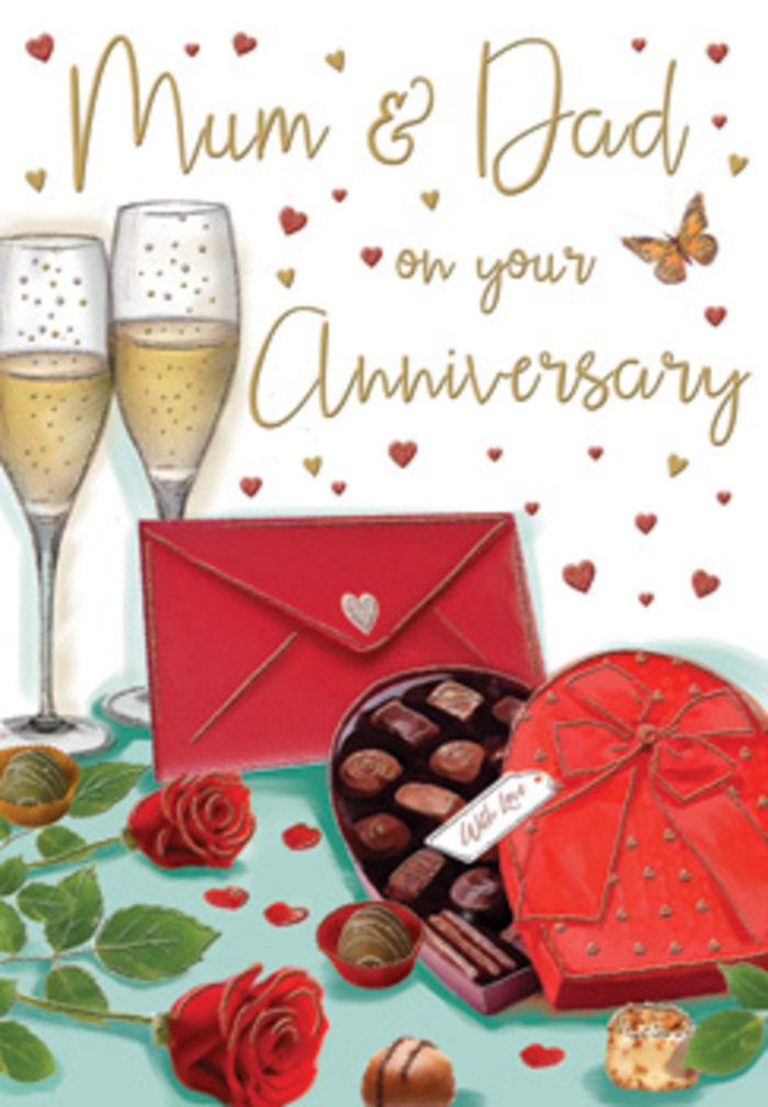 The anniversary card illustrated here unfolds like a little still life of parental love, drawn with the same care a florist might take when building a bespoke arrangement for a Chigwell couple. Dominating the front is a luxurious trio of elements: deep red roses, indulgent chocolates, and sparkling champagne, all bathed in soft, warm light. Two fully opened red roses recline together, their petals lush and velvety, layered in intricate spirals that seem almost fragrant, with fresh, deep green leaves cradling them as they would in a hand-tied bouquet on the workbench of a local High Road florist. Just to the side, an open heart-shaped chocolate box beckons; the box itself is a rich red with a dramatic satin bow sweeping in bold curves across its lid. Inside, neat rows of chocolates-some square, some rounded, all glistening with a gentle sheen-suggest the quiet pleasure of sharing something sweet at the end of a celebratory meal. Rising gracefully behind these treats are two slender champagne flutes, filled to mid-height with golden bubbly; delicate streams of tiny bubbles spiral upwards, catching hints of reflected gold from the scattered heart motifs floating across the creamy backdrop. The hand-lettered dedication to Mum & Dad sits proudly amid this shower of crimson and gold hearts, adding tenderness to the otherwise sophisticated palette. At the bottom of the scene, a bright scarlet envelope, sealed and slightly angled, hints at a handwritten note, perhaps penned after a stroll around nearby Hainault Forest Country Park. As a Chigwell florist, the overall mood calls to mind warm anniversaries at home, where roses, chocolates, and champagne become symbols of years of shared laughter and steadfast companionship.