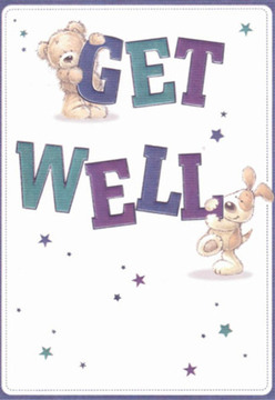 There's a comforting serenity to this get well card, echoing the tranquil atmosphere found in Chigwell's quiet corners. The tender artwork comes alive with a cuddly teddy poised atop the word 'GET' and a spirited puppy gently cradling the letters of 'WELL' below. Their expressive, joy-filled faces bring an outpouring of affection and hope, creating the visual equivalent of a caring embrace from a friend nearby. The bold typography, painted in deep shades of purple and teal, adds a lively spark, much like the vibrant petals displayed at the local shops along Brook Parade. Playful stars scatter across the bright, crisp background, illuminating the card with hints of Chigwell's clear morning light and possibility. In every illustration detail-the soft fur, sparkling eyes, and confident letters-there's a thoughtfully composed intent, echoing the nurturing approach of a fresh bouquet from Flowers Chigwell. The overall composition, both playful and soothing, makes this card an ideal gesture of support for anyone recovering, embodying the very spirit of compassionate care that defines Chigwell's close-knit community.