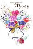 This Mother's Day card presents a joyful, hand-painted bouquet that looks as if it could have been imagined after a stroll through the gardens and tree-lined streets of Chigwell. The flowers are rendered in fluid watercolour, with lush purples, playful pinks, and radiant reds blooming across the page, supported by softer strokes of lavender, sky blue, and gentle green foliage. Each blossom is defined by subtle indigo or navy outlines that suggest petals curling and overlapping, while fine touches of gold shimmer along their edges, adding a sense of light and quiet luxury, like sunshine catching a fresh arrangement on a Hall Lane windowsill. The bouquet itself feels generous and full, not tightly controlled but artistically gathered, echoing the relaxed elegance of a hand-tied design you might collect for same-day delivery from a trusted local florist. At the base, a softly rounded vase anchors the composition, its surface implied with delicate washes and crowned with an elegant golden bow that hints at crisp ribbon and careful wrapping. Around the bouquet, scattered flecks of colour and tiny heart shapes float on the white background, reminiscent of falling petals or confetti at a family celebration. The negative space keeps the arrangement airy and light, so each colour has room to glow. Overall, the image radiates warmth, gratitude, and joy-a painterly expression of the bond between mother and child, captured in swirling colour and gentle metallic highlights, ready to accompany heartfelt words on Mother's Day.