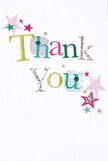 This thank you card radiates gentle joy, each detail thoughtfully crafted to lift the recipient's spirits, echoing the warmth often felt in Chigwell's close-knit community. Across the crisp white surface, the words 'Thank You' dance in a playful, inviting font, with every letter dressed in a parade of colour and pattern: shimmering silver, golden yellow, leafy green, and sky blue, with lively polka dots and soft, stitched flourishes adding a handmade touch. Sprays of stars in pink, teal, and silvery hues orbit the text, bringing a festive shimmer reminiscent of confetti tossed at a celebration near Chigwell's Epping Forest edge. The background is uncluttered, serene, ensuring that every vibrant stroke and wink of sparkle has space to shine. The physicality of the card is palpable-subtle embossing and glints of foil hint at the tactile delight of a locally made creation destined to accompany a fresh bouquet. It evokes the feeling of gratitude made visible, mixing a touch of whimsy with heartfelt sincerity-perfect for expressing thanks after a thoughtful gesture around Grange Hill, or brightening a desk in Chigwell Village. In the hands of someone from Flowers Chigwell, this card becomes not just an accessory, but a memory shared, a gentle reaffirmation of community kindness and appreciation.