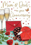 This illustrated anniversary card for Mum and Dad captures the feeling of an intimate celebration, the kind that might unfold quietly in a Chigwell home after a leisurely day spent together. The composition centres on two plush red roses, laid gently on a light table surface, their velvety petals overlapping in dense, romantic layers, highlighted by glossy, deep green leaves that echo the fresh foliage we use daily in our shop. Nestled beside them is an open, heart-shaped box of chocolates, its curved red edges and large satin bow immediately signalling indulgence. Inside, rows of carefully arranged chocolates, each with its own rounded or square shape, sit snugly in dark little wells, their surfaces smooth and tempting, as if just unwrapped before a special toast. That toast is suggested by two tall, slender champagne flutes, standing shoulder to shoulder behind the roses and chocolates, filled with pale golden fizz. The bubbles are captured mid-rise, tiny and luminous, hinting at a soft clink of glass and a shared smile. Floating across the creamy background are delicate gold accents and small crimson hearts, drifting around the hand-lettered Mum & Dad greeting, giving the entire card a sense of movement and joy. In the foreground, a vivid red envelope lies closed, its pointed flap neatly sealed, suggesting an affectionate, handwritten message waiting to be opened. As a florist serving the Chigwell community, this image feels like a visual love letter to long marriages celebrated close to home, where roses, chocolate, and champagne quietly honour the story that parents have written together over the years.